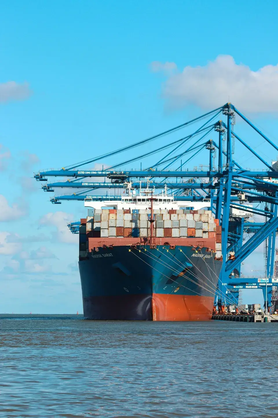 A container ship moored under gantry cranes at a port
